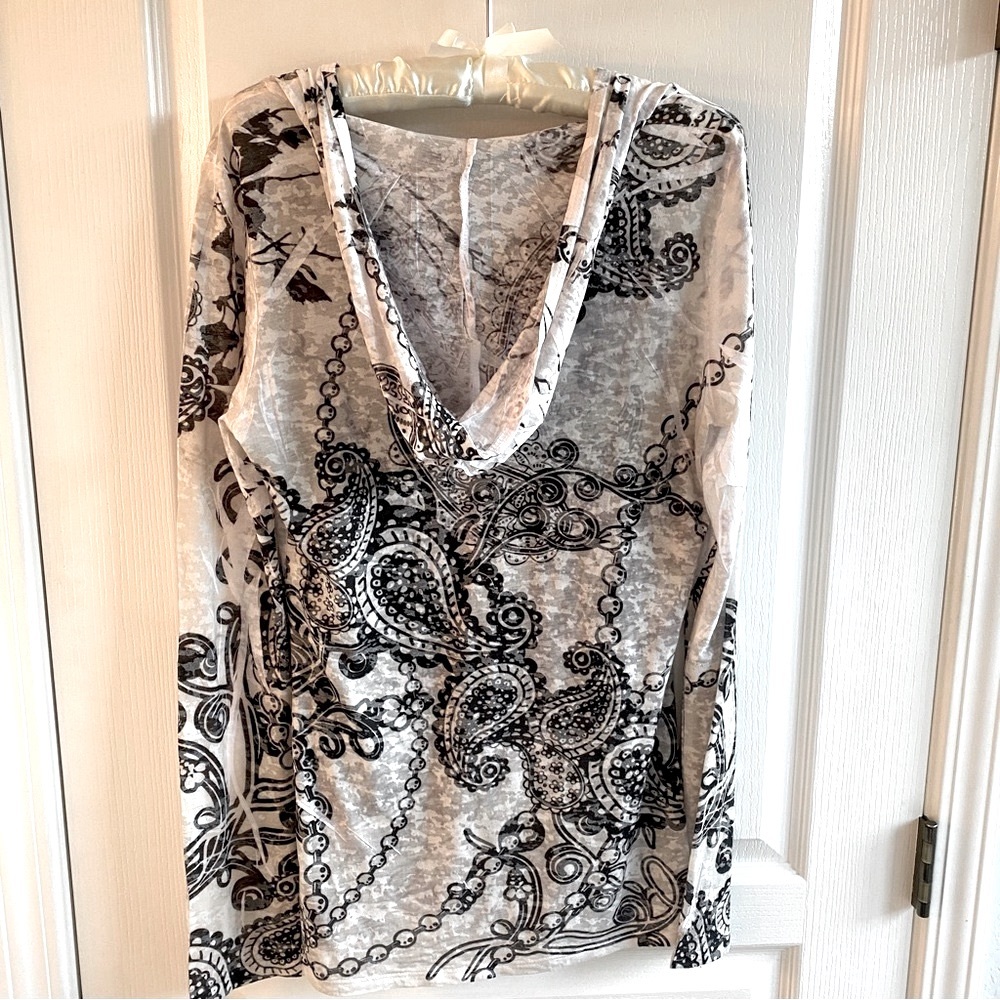 INC Top with Hood Black, Light Gray and White Semi-Sheer with Few Sequins Sz XL